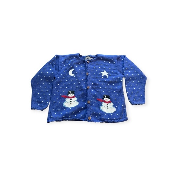 Rey Wear Sweaters - Vintage Rey Wear Blue Hand Knit Winter Snowman Cardigan Sweater